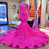 Fabulous Fuchsia Long Sleeves Evening Dress with Sequins Deep V-Neck
